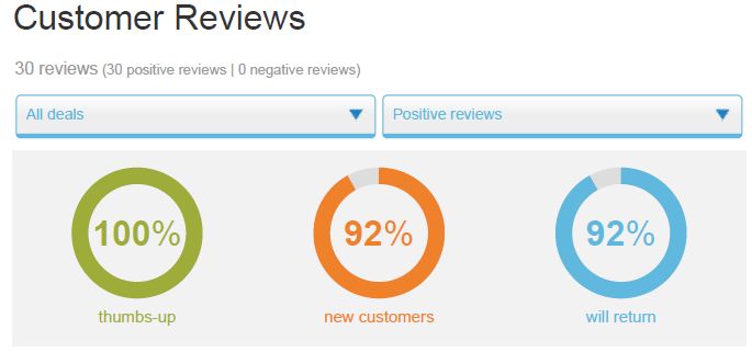Customer Reviews 30 positive reviews. 100% thumbs up. 92% will return.